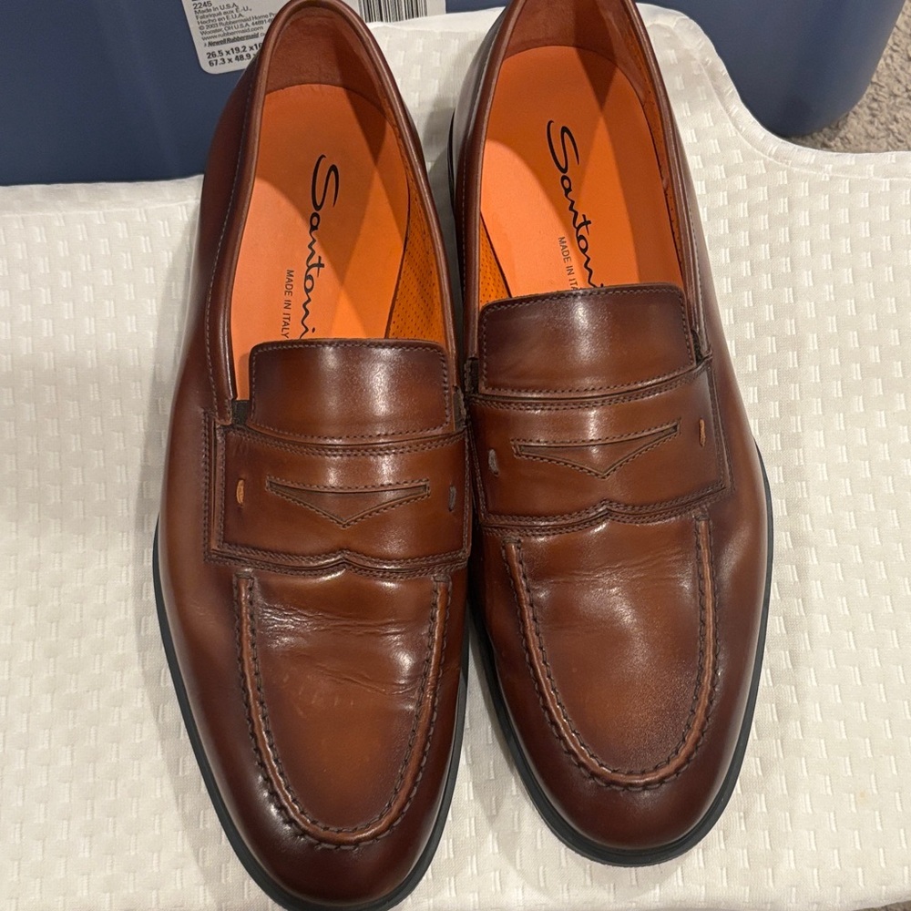 Santoni Rich Brown Leather Slip-On Loafers - Picture 10 of 10